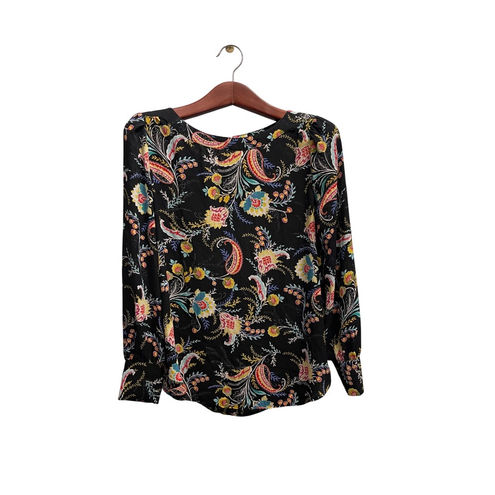 Loft Paisley Floral Blouse Women Medium Black Long Sleeve Keyhole Back